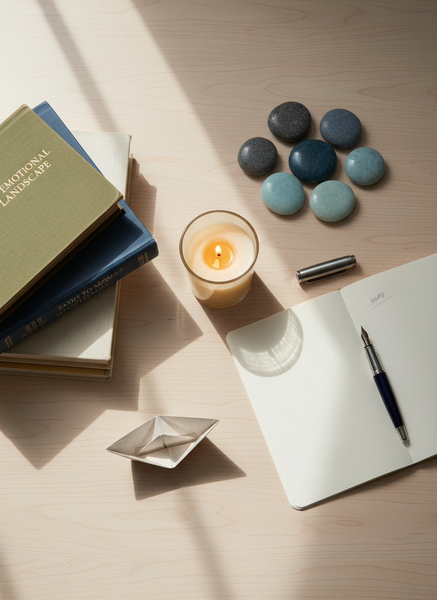 An overhead view of a wooden table showcasing counselling tools and symbols of emotional wellbeing, carefully arranged without any human presence. There is a stack of well-worn psychology books, a set of smooth grounding stones in cool greys and blues, a softly lit beeswax candle in a glass holder, and a notepad with a fountain pen resting on top. A small origami boat made from cream paper sits near the edge, symbolising an inner harbour and safe passage through emotions. Diffused window light from the side creates gentle, calming shadows. Photographic realism with a flat-lay composition, clean modern aesthetic, and a serene, reflective mood ideal for illustrating therapeutic support and guidance.