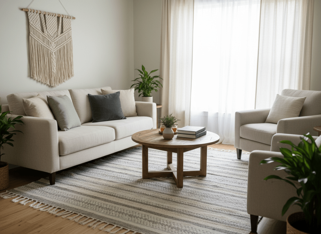 A warm, calming counselling-related photo to add visual interest to the homepage, featuring a comfortable therapy room with soft natural light, neutral tones, and a focus on safety and trust.